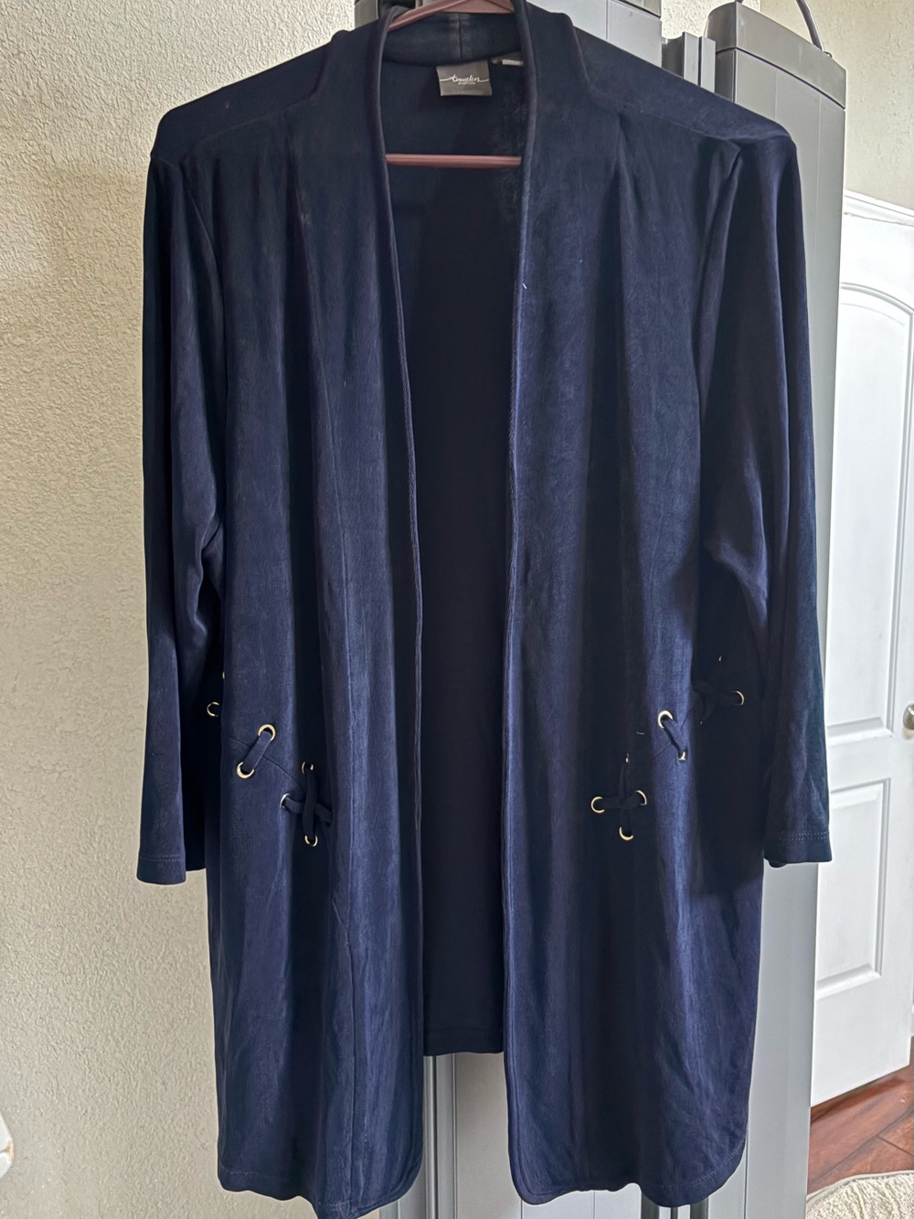 Navy Open Front mid length cardigan with Eyelet Tie Detail
